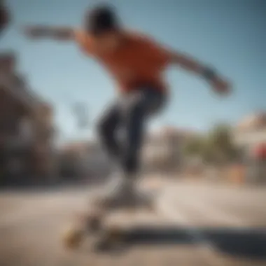 An athlete performing a skateboard trick while wearing branded clothing