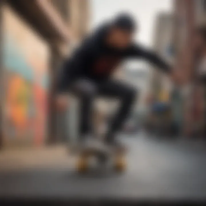 A vibrant street scene showcasing skateboarders wearing popular brands