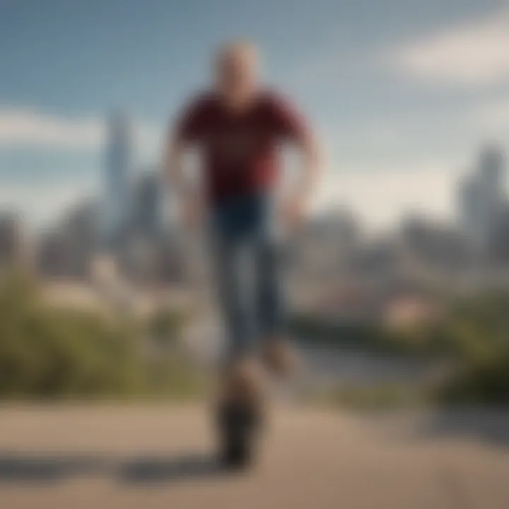 Adam Savage performing tricks on Onewheel with city skyline in background