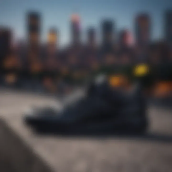 Adidas black shoe silhouette against city skyline