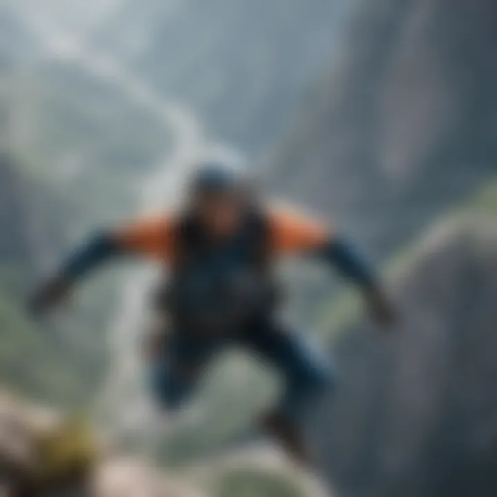 Thrill-seeking base jumper in mid-air maneuver