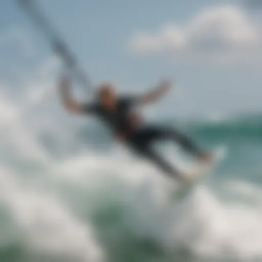 Aerial view of kite surfer riding a wave