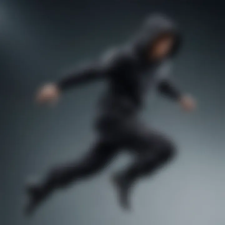 Dynamic shot of a big black hoodie clad athlete in mid-air performing an extreme sports trick