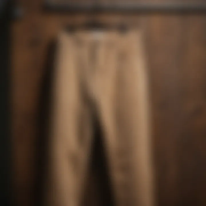 Beige corduroy pants hanging on a rustic wooden hanger