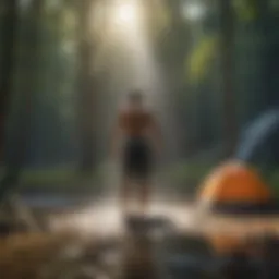 Portable camping shower system set up in a natural setting