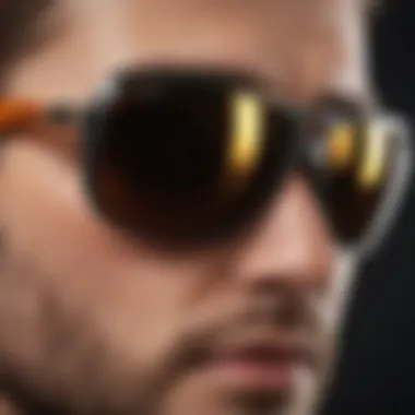 Close-up of wrap around sunglasses showcasing UV protection features