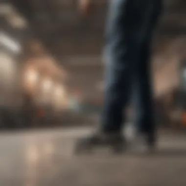 Different fits of skateboarding pants arranged for comparison
