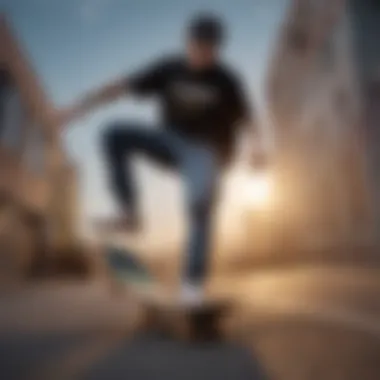 Style Meets Functionality in Skateboarding Wear A skateboarder wearing stylish pants while performing a trick