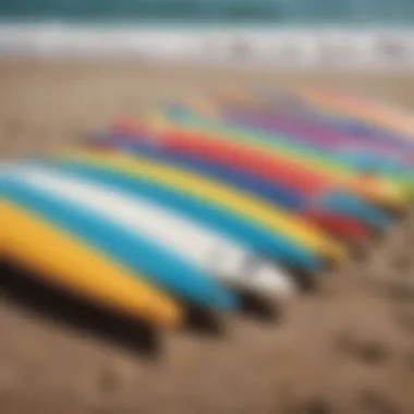 Colorful beginner surfboards lined up on the beach