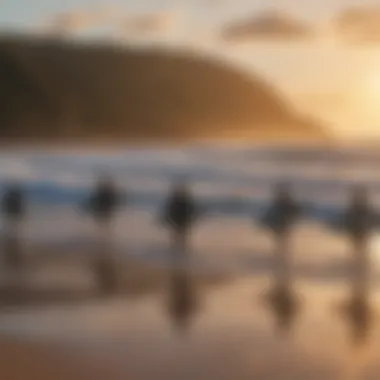 A group of surfers preparing for a big wave at Sunset Beach.