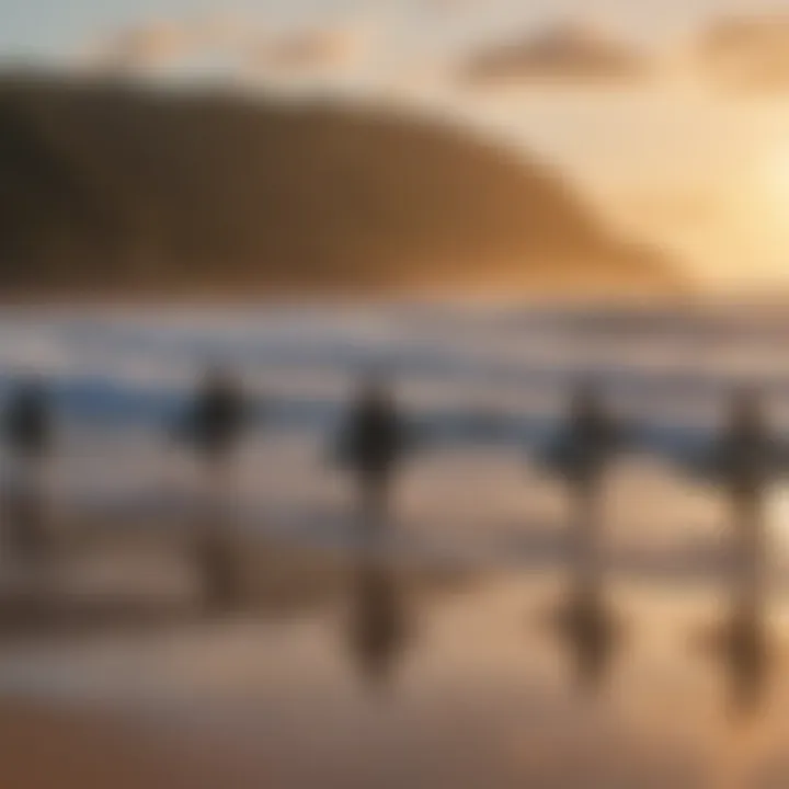 A group of surfers preparing for a big wave at Sunset Beach.