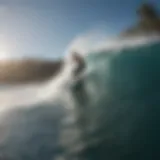 A surfer riding a massive wave at Waimea Bay.