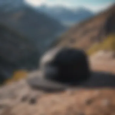 Black 5-panel hat against rugged mountain backdrop