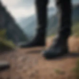 Sleek black leather Vans shoes on a rugged mountain trail