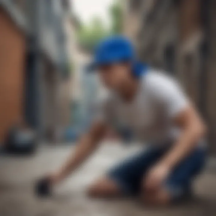 An athlete wearing a blue bandana bucket hat while performing a trick