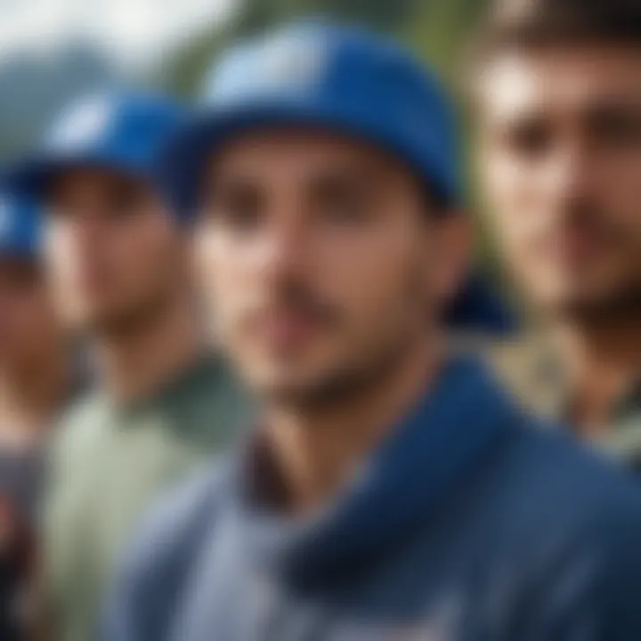 A group of extreme sports enthusiasts showcasing their blue bandana bucket hats