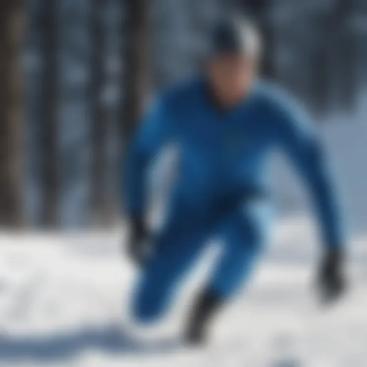 Extreme sports athlete racing down a snowy slope in blue tech fleece gear