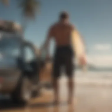 A surfer loading a boardbag into a vehicle