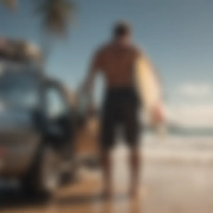 A surfer loading a boardbag into a vehicle