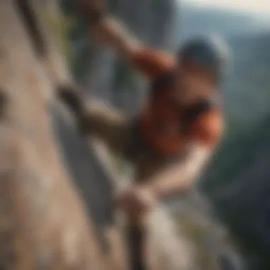 Bold rock climber scaling a steep cliff with determination