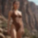 Brown swimsuit top against rugged mountain backdrop