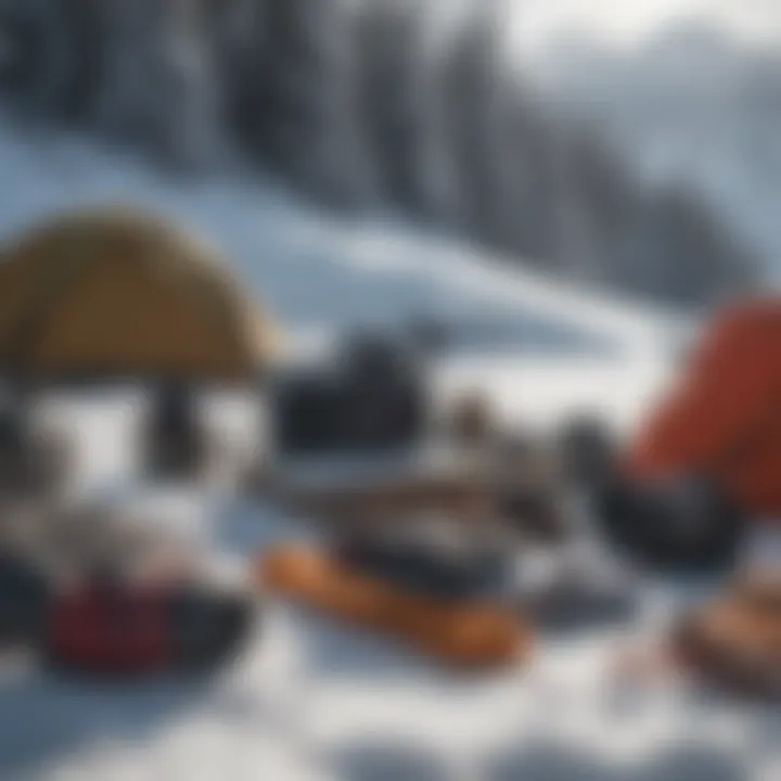 Close-up of specialized winter camping gear laid out