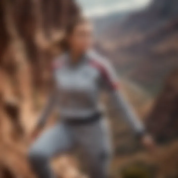 Focused female competitor in champion sweatsuit excelling in a daring cliff-side race