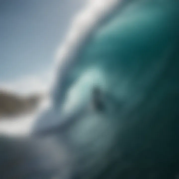 Close-up of a surfer riding a massive wave during extreme channel surfing