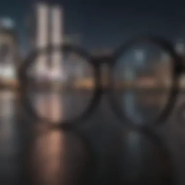 Close-up of black-rimmed circle glasses reflecting city lights