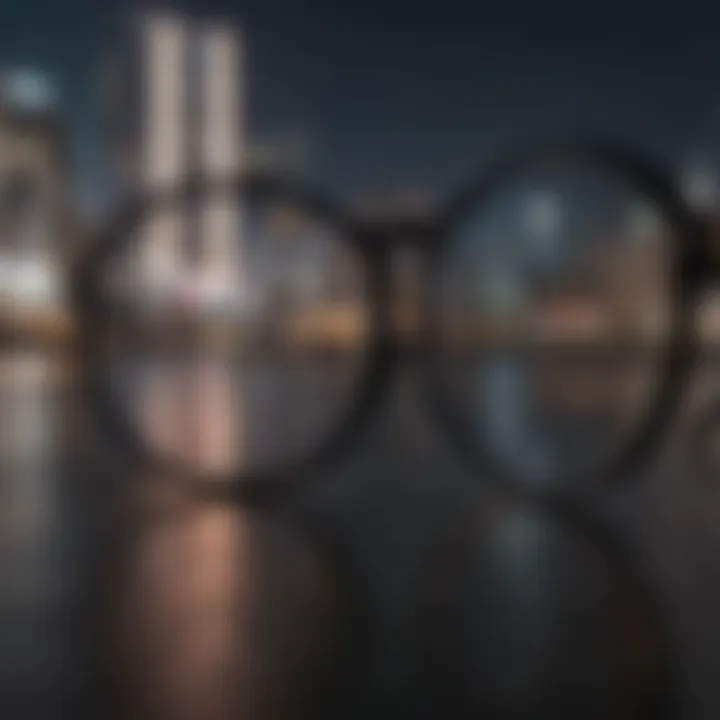 Close-up of black-rimmed circle glasses reflecting city lights