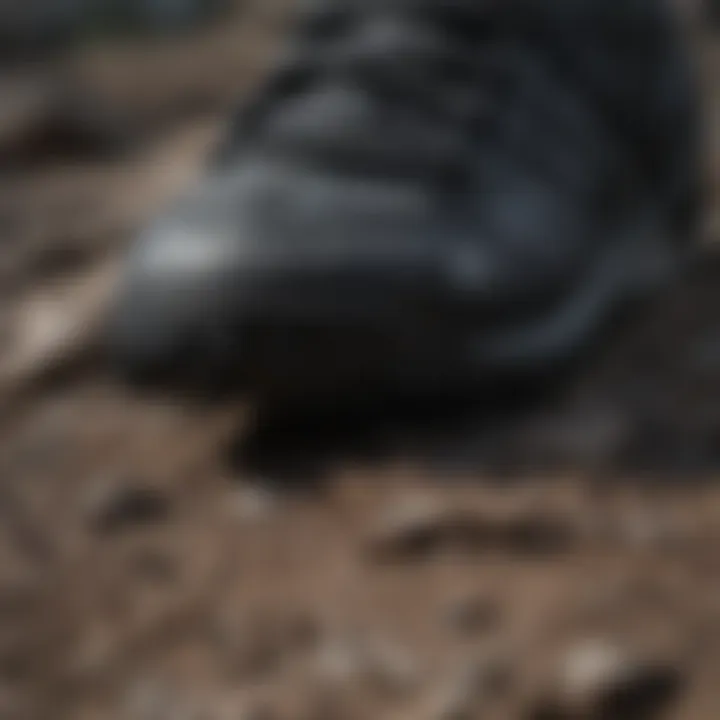 Close-up of black Adidas shoe tread pattern on rugged terrain