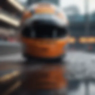 Close-Up of Racing Helmet with Reflection of Track