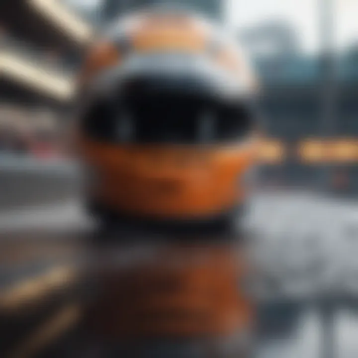 Close-Up of Racing Helmet with Reflection of Track