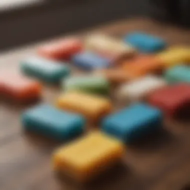 Variety of colorful surf wax bars lined up on a table