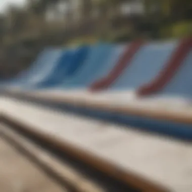 Various types of flowrider boards displayed in a row