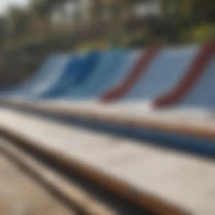 Various types of flowrider boards displayed in a row