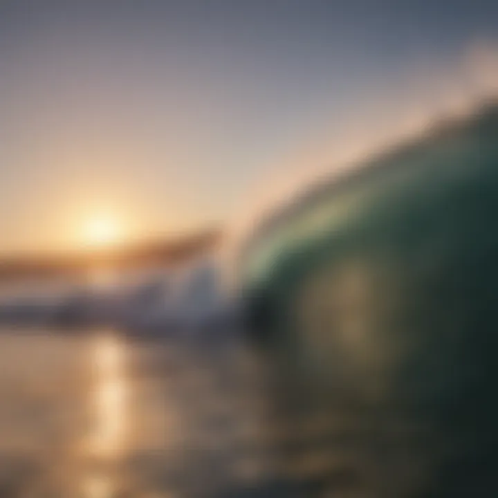 A serene surfing scene at sunset, showcasing tranquility