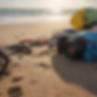 Close-up of essential surf gear laid out on the beach