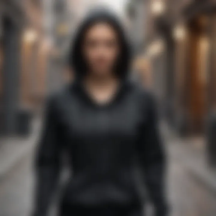 Woman in black zip-up hoodie walking confidently