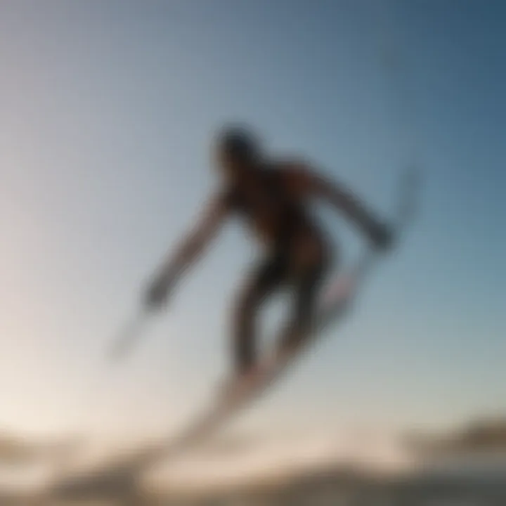 Silhouette of a kite boarder skillfully maneuvering through challenging wind patterns