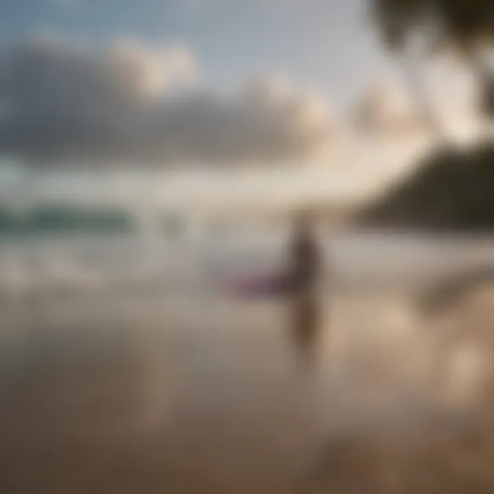 Surf instructor giving tips to a student on the beach