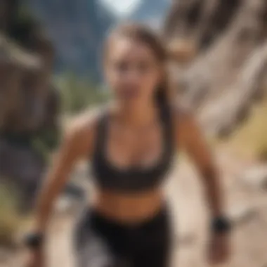 Female extreme sports enthusiast in a crop top navigating a rocky mountain trail