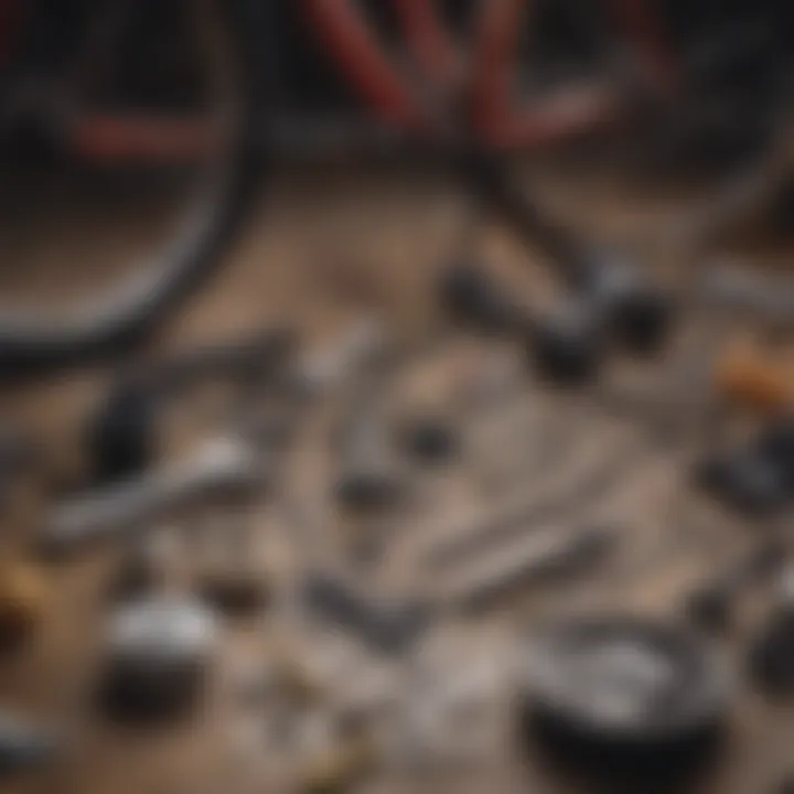 A close-up of bicycle maintenance tools laid out for easy access