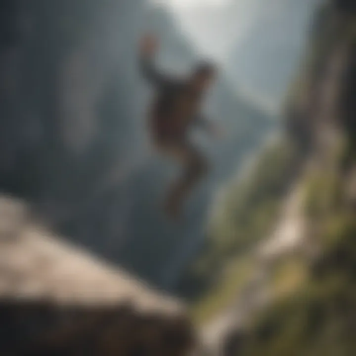 Daring base jumper leaping off a cliff