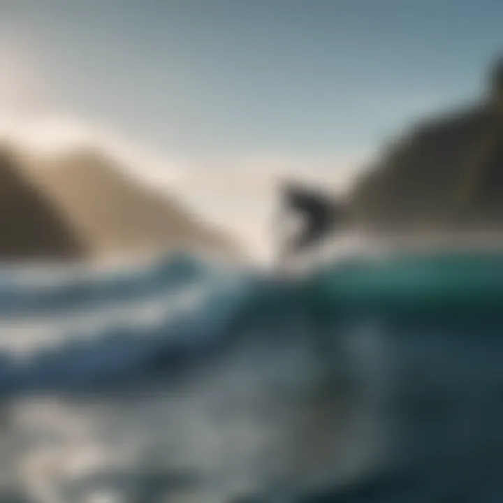 Daring surfer riding the waves with a shark silhouette in the background