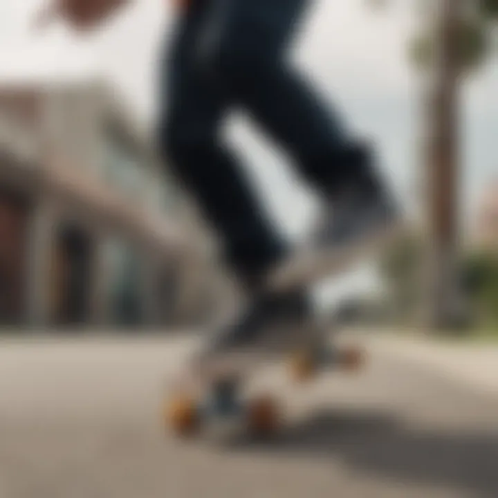 Action shot of a skateboarder performing tricks in Dekline shoes