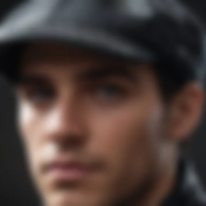 Detailed close-up of intricate stitching on a black newsboy hat