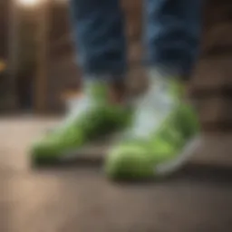 Dynamic lime green Adidas shell toes in action