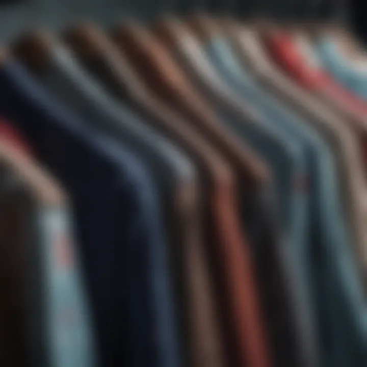 A collection of abstract button-up shirts displayed on hangers