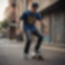 Dynamic skateboarder wearing Element shirt in an urban setting